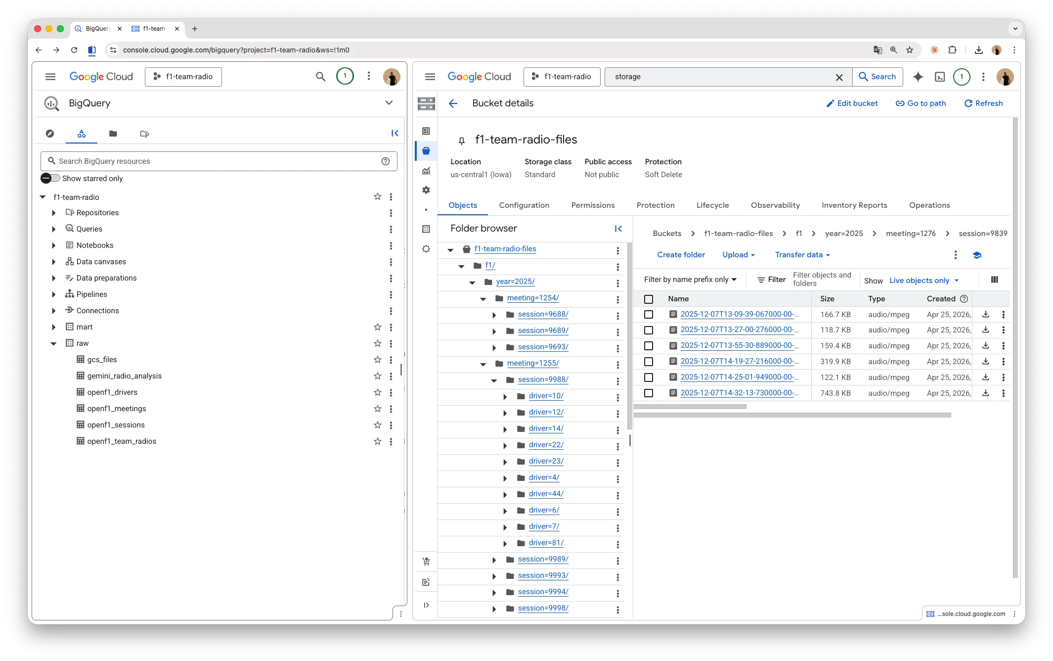 BigQuery and Cloud Storage side by side in the Google Cloud console
