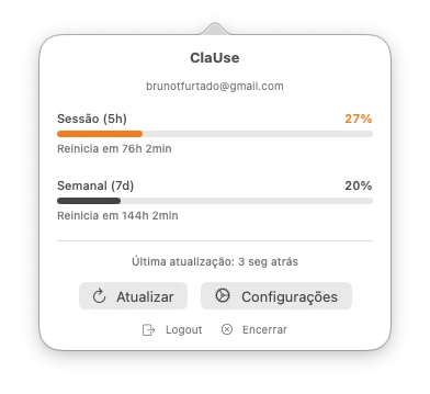ClaUse Bar na barra de menu do macOS
