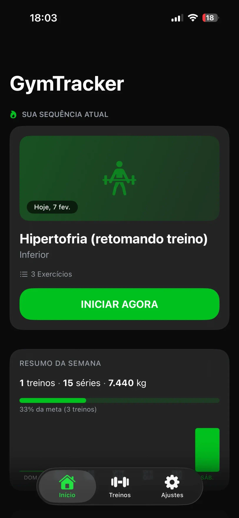 Dashboard com resumo semanal de treinos